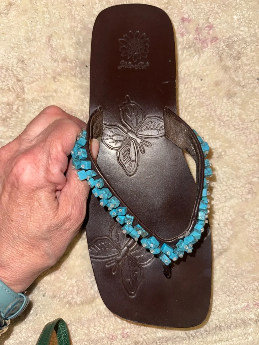 Beaded Turquoise Strap Brown Women's Flip Flops - Picture 3 of 3